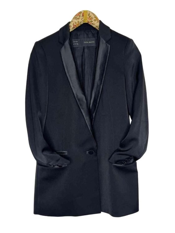 ג׳קט שחור מחוייט ארוך צווארון סאטן זארה מידה S פרטים